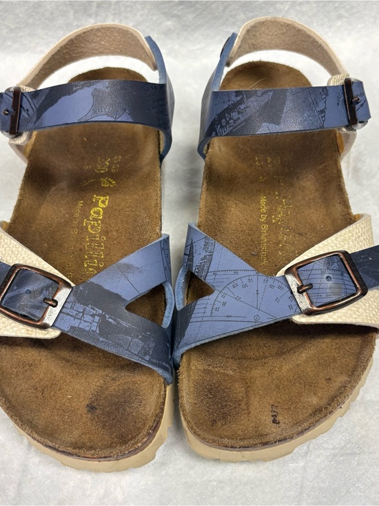 Birkenstock Shoes - Birkenstock Blue and Cream Strappy Cork Footbed Sandals
